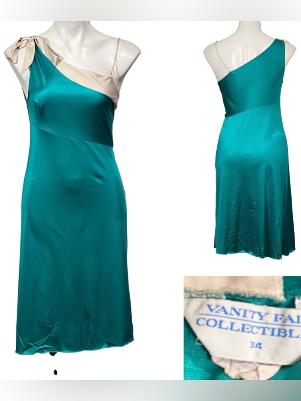 Vtg Vanity Fair chemise Slip Dress Sz S/M Teal One-Shoulder nylon satin